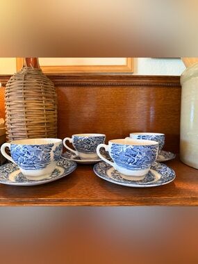 Set of 4 Liberty Blue Historic Colonial Scenes Old North Church Cup and Saucers